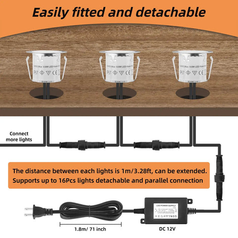 Diagram showing Recessed LED Deck Light Kit 16 Pack IP67 Waterproof Outdoor Landscape Lighting In Ground 12V Low Voltage installation.