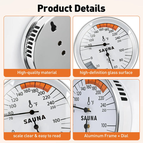 2 In 1 Sauna Thermometer And Hygrometer Fahrenheit And Humidity Gauge For Home Spa Steam Room Real Time Temperature And Humidity Monitor Built To Last With A Durable Mechanical Metal Case, 4-inch dial