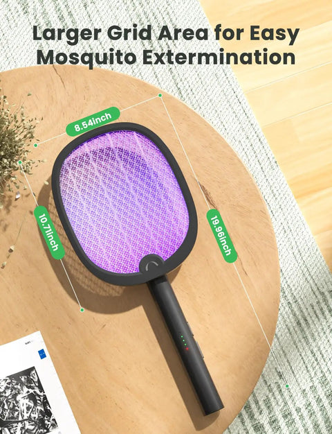 Foldable Electric Fly Swatter Racket 2 In 1 Mosquito Killer with Purple Attractant Light on wooden table