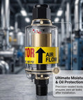 Air Dryer For Compressor Inline Water Separator And Tool Oil 1 Quarter Inch NPT Moisture Filter Keeps Your HVLP Sprayers Plasma Cutters And Pneumatic Tools Dry And Lubed 2 To 150 PSI Range close-up with precision-sealed body in workshop setting