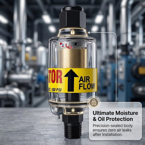 Air Dryer For Compressor Inline Water Separator And Tool Oil 1 Quarter Inch NPT Moisture Filter Keeps Your HVLP Sprayers Plasma Cutters And Pneumatic Tools Dry And Lubed 2 To 150 PSI Range close-up with precision-sealed body in workshop setting