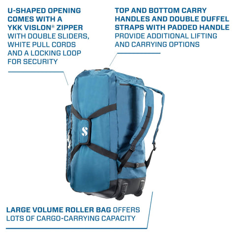 125 Roller Dive Bag With Backpack Straps For Scuba Gear, denim blue fabric, showing top and bottom carry handles and double duffel straps