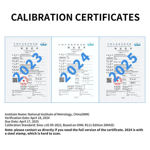 Calibration certificates for Pro Grade Calibration Weight Kit 25 Piece Set 1Mg To 1Kg Stainless Steel For Analytical Balance And Digital Scales Lab Education Precision Weighing For Classroom And Workshop Use from 2023 to 2025.