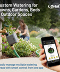 B-hyve Gen 2 Smart Hose Watering Timer With WiFi Hub connected to hose and smartphone app interface shown in garden