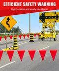 105ft Safety Warning Pennant Flags Set for Outdoor Fencing and Roadwork High Visibility Triangle Flags Multipurpose Hazard Area Markers Red 45 Pack Weatherproof and UV Resistant Easy Install for Parties and Jobsites displayed on a road with safety signs and barriers.