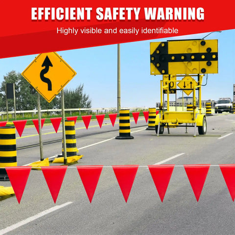 105ft Safety Warning Pennant Flags Set for Outdoor Fencing and Roadwork High Visibility Triangle Flags Multipurpose Hazard Area Markers Red 45 Pack Weatherproof and UV Resistant Easy Install for Parties and Jobsites displayed on a road with safety signs and barriers.