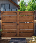 Wooden gate with No Sag Gate Kit With Gate Latch And Corner Bracket Heavy Duty Hinges Steel Construction, installed at driveway.