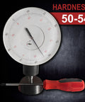 Screwdriver hardness tester showing hardness value 50-54 with a red handle screwdriver next to it.