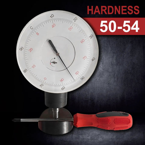 Screwdriver hardness tester showing hardness value 50-54 with a red handle screwdriver next to it.