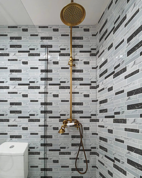 Thick 2mm To 2.5mm Peel And Stick Marble Backsplash Tiles 12x12 installed in modern shower wall