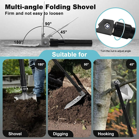 All In One 20 In 1 Multitool Survival Kit With Shovel Axe Hatchet And Trekking Pole showing adjustable angles for diverse uses