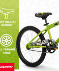 20-inch Growth Ready Kid Bike with all terrain tires, adjustable saddle, rugged BMX style, glossy green with black accents