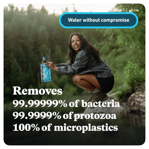Woman using Palm Sized Mini Water Filtration System SP128 Blue For Hiking Camping Travel And Emergency Prep by riverbank