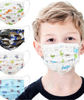 Child wearing Kids Disposable Face Masks 50 Pack For Ages 5 To 12 3 Layer Filtration With Metal Nose Clip Multicolor