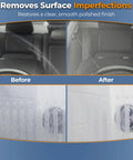 Before and after images showing Real Deal Cerium Oxide Glass Polishing Powder for heavy-duty windshield and mirror surface restoration.