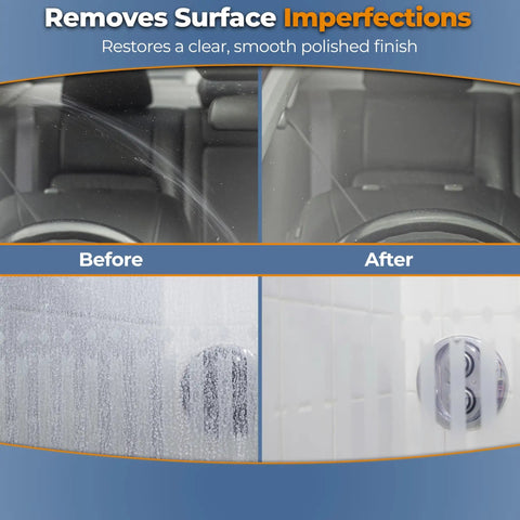 Before and after images showing Real Deal Cerium Oxide Glass Polishing Powder for heavy-duty windshield and mirror surface restoration.