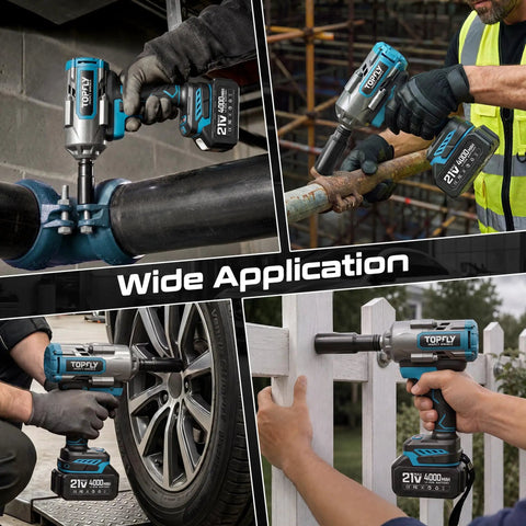 Impact Wrench 1500 Nm Brushless Cordless High Torque With Dual 4Ah Batteries, 4 Speed Settings, 3500 RPM, Half Inch Drive For Cars Trucks And Heavy Duty Truck Repairs used on pipe, wheel, fence, and scaffolding