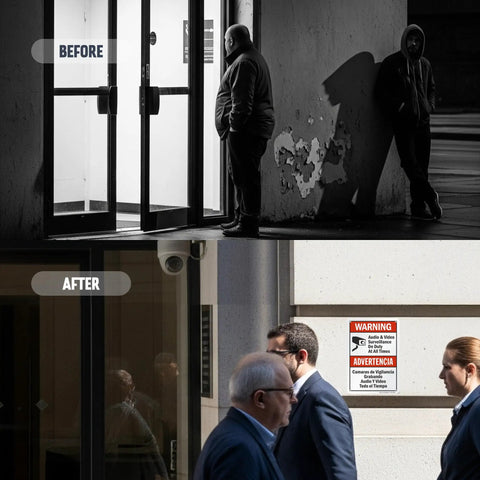 Before and after security with Warning Audio And Video Surveillance Sign On Duty At All Times Bilingual 7x10 Aluminum Outdoor Sign