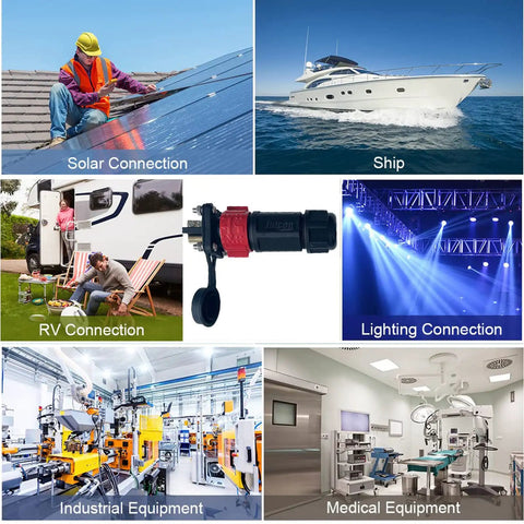 2 Pin 50 Amp Trolling Motor Plug Receptacle Set For Marine Boats Power Waterproof IP67 Connector with various applications shown