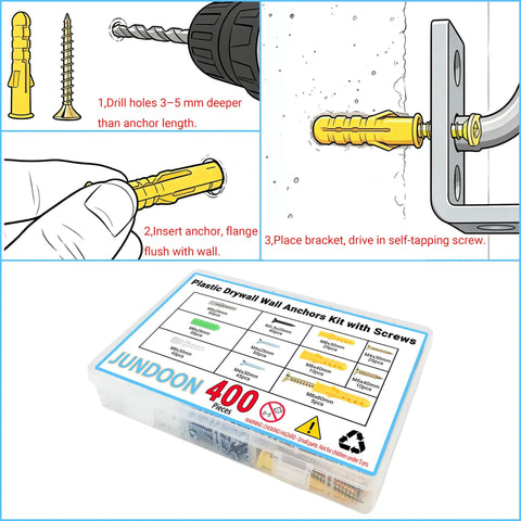 All In One Drywall Anchors And Screws Kit 6 Size Plastic Wall Anchors With Phillips Flat Head Wood Screws instruction guide