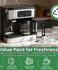 12-pack activated charcoal water filters for Delonghi espresso machines; box visible beside black-silver coffee maker