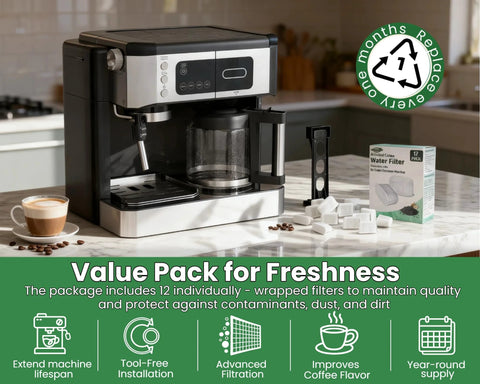 12-pack activated charcoal water filters for Delonghi espresso machines; box visible beside black-silver coffee maker
