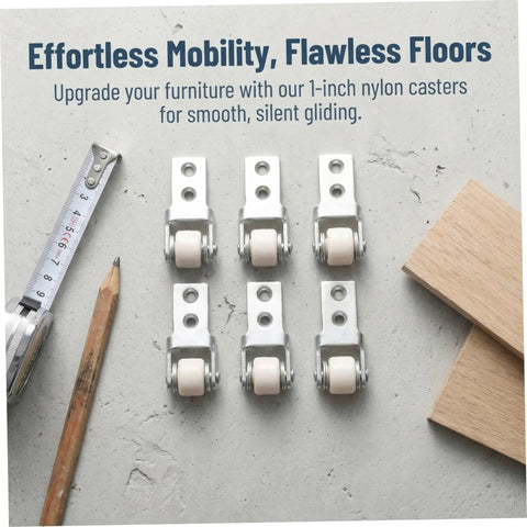 Six Pack Nylon Guide Wheels In Clean White For Furniture Track Systems And Drawer Hardware on a concrete surface with tools.