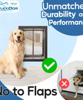 Premium Bronze Wall Mount Pet Door For Heavy Duty Cats And Dogs Large Plus Frame With Energy Efficient Glass Fits French Doors, shown installed with happy golden retriever.