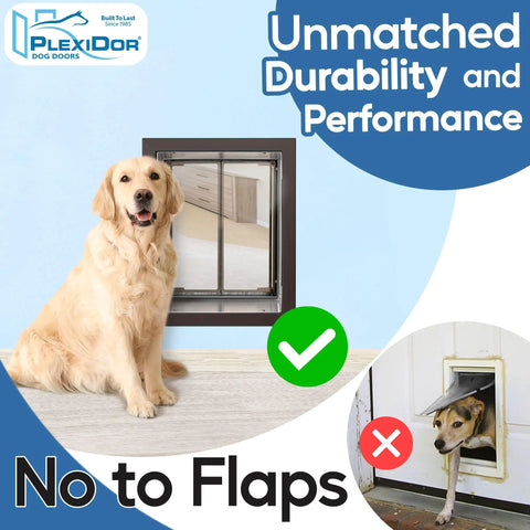 Premium Bronze Wall Mount Pet Door For Heavy Duty Cats And Dogs Large Plus Frame With Energy Efficient Glass Fits French Doors, shown installed with happy golden retriever.