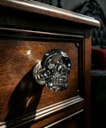 Sick Badass Crystal Skull Drawer Knobs Four Pack Heavy Duty Glass Cabinet Pulls Handle Gray Gothic statement on dresser.