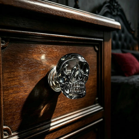 Sick Badass Crystal Skull Drawer Knobs Four Pack Heavy Duty Glass Cabinet Pulls Handle Gray Gothic statement on dresser.