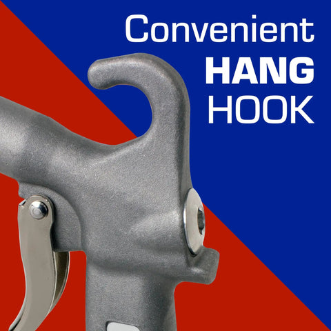 Close-up of convenient hang hook on Long John Safety Air Gun With 12 Inch Aluminum Extension for boss level debris blasting.