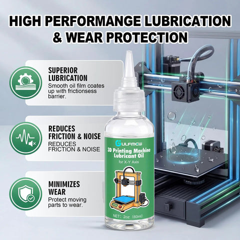 3D Printer Lubricating Oil 60ML Bearing Lube For X And Y Axis Smooth Printing Long Lasting Maintenance Oil bottle shown next to 3D printer