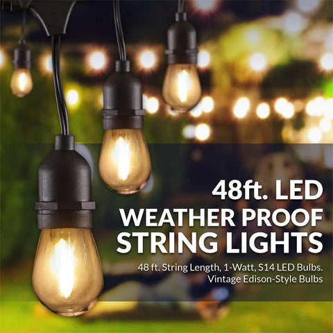 Outdoor LED String Lights With Weatherproof Design, Dimmable With Wireless Remote Control, 48 Ft Total Length, Black Finish