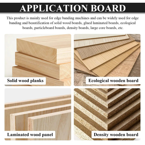 Application board showcasing Solid wood planks, Laminated wood panel, Ecological wooden board, Density wooden board.
