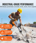 Heavy Duty Electric Jack Hammer Delivers 1700 Watts Of Knockout Punch At 1900 Bpm to break concrete with a worker in action.