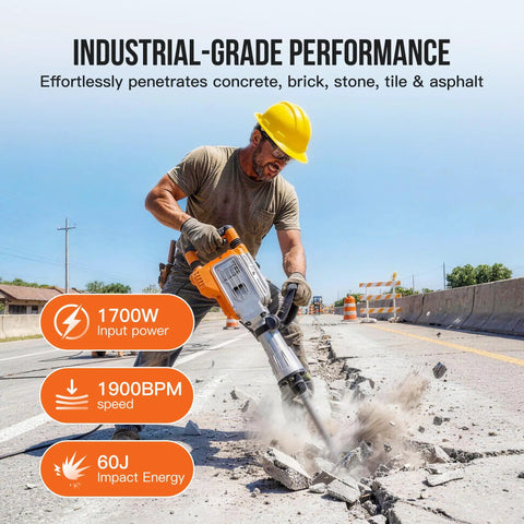 Heavy Duty Electric Jack Hammer Delivers 1700 Watts Of Knockout Punch At 1900 Bpm to break concrete with a worker in action.