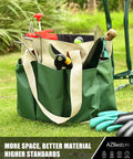 Close-up of tool bag with gardening tools next to green gloves and part of All In One Garden Stool And Kneeler Set, Foldable Gardening Bench With Tool Bag Pouch, EVA Pad And Garden Gloves, Lightweight Yet Durable Kneeling Seat For Easy Weeding, Maintenance And Comfort, Perfect Gift For Women And Men.