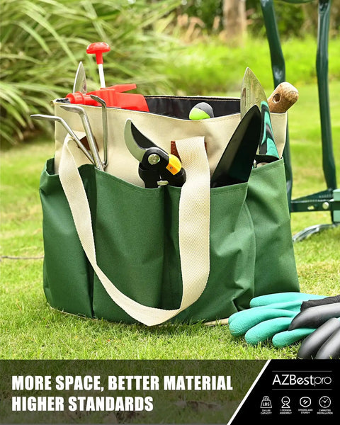 Close-up of tool bag with gardening tools next to green gloves and part of All In One Garden Stool And Kneeler Set, Foldable Gardening Bench With Tool Bag Pouch, EVA Pad And Garden Gloves, Lightweight Yet Durable Kneeling Seat For Easy Weeding, Maintenance And Comfort, Perfect Gift For Women And Men.