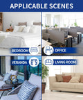 Collage showing applicable scenes for use including bedroom, office, veranda, and living room with labeled images in each setting.