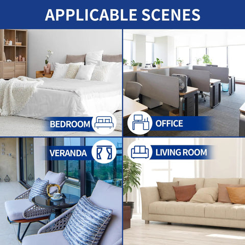 Collage showing applicable scenes for use including bedroom, office, veranda, and living room with labeled images in each setting.
