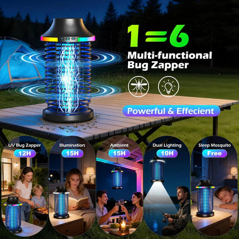 Cordless Outdoor Bug Zapper 4200V 5 In 1 Mosquito Killer With 5000mAh Battery used on a patio with blue camping tent in background