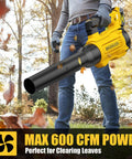 Person using 20V Cordless Leaf Blower Compatible With DeWalt 20V MAX Batteries in autumn yard, MAX 600 CFM power, leaves around