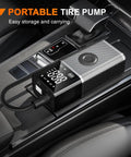 Hella Fast Cordless Tire Inflator Packed With Rechargeable Battery And Dual Power Supply For Cars Trucks And Suv Up To 150 Psi Portable Air Compressor Zero Hassle Setup on car console.
