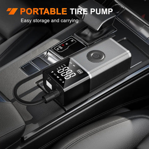 Hella Fast Cordless Tire Inflator Packed With Rechargeable Battery And Dual Power Supply For Cars Trucks And Suv Up To 150 Psi Portable Air Compressor Zero Hassle Setup on car console.