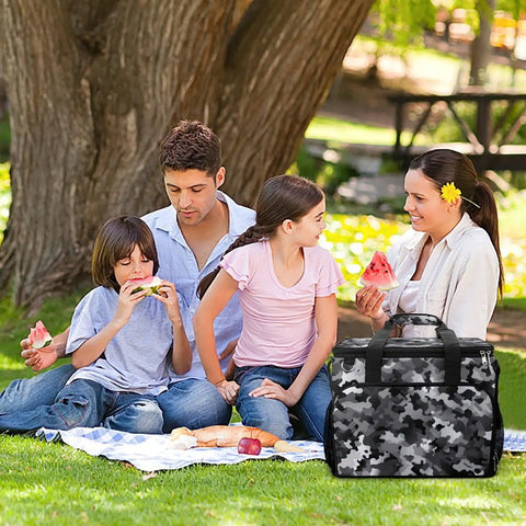 Family picnic with Picnic Backpack Cooler Bag With 30L Capacity Insulated Food And Drink Carrier in camouflage pattern.