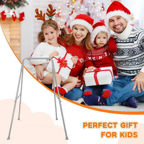 Heavy Duty Foldable Baby Swing Stand A Frame Metal Swing Stand with family and wrapped gifts in holiday setting