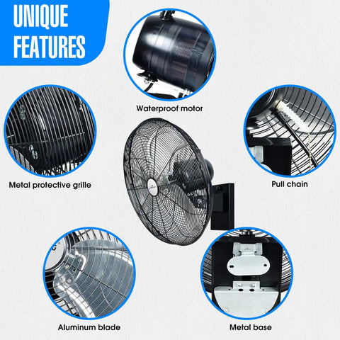Outdoor Oscillating High Velocity Wall Fan With 4750 CFM Heavy Duty Weatherproof Motor features and components display