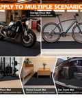 Oil Spill Mat For Driveway And Garage Floor 36x60 Heavy Duty Protector with vehicles and various uses shown in a garage setting