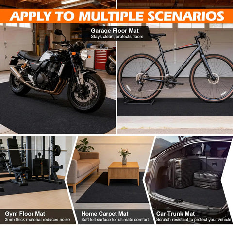Oil Spill Mat For Driveway And Garage Floor 36x60 Heavy Duty Protector with vehicles and various uses shown in a garage setting